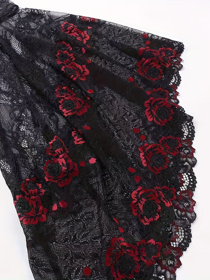 [Gothic Lace Shawl Top] Gothic Lace Shawl Top for Women - Semi-Sheer High Neck Long Sleeve with Red Rose & Black Guipure Lace Trim, Asymmetrical Hem, Loose Fit, Year-Round Versatile Party Wear, Halloween Costume (Hand Washabl
