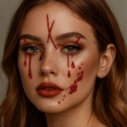[Realistic Blood Face Stickers] 2 Sheets Red Glitter Blood Face Stickers - Realistic Fake Blood & Wound Effects, Glossy Self-Adhesive Temporary Tattoos for Halloween, Christmas, Themed Parties - Easy Apply, Perfect for Costum