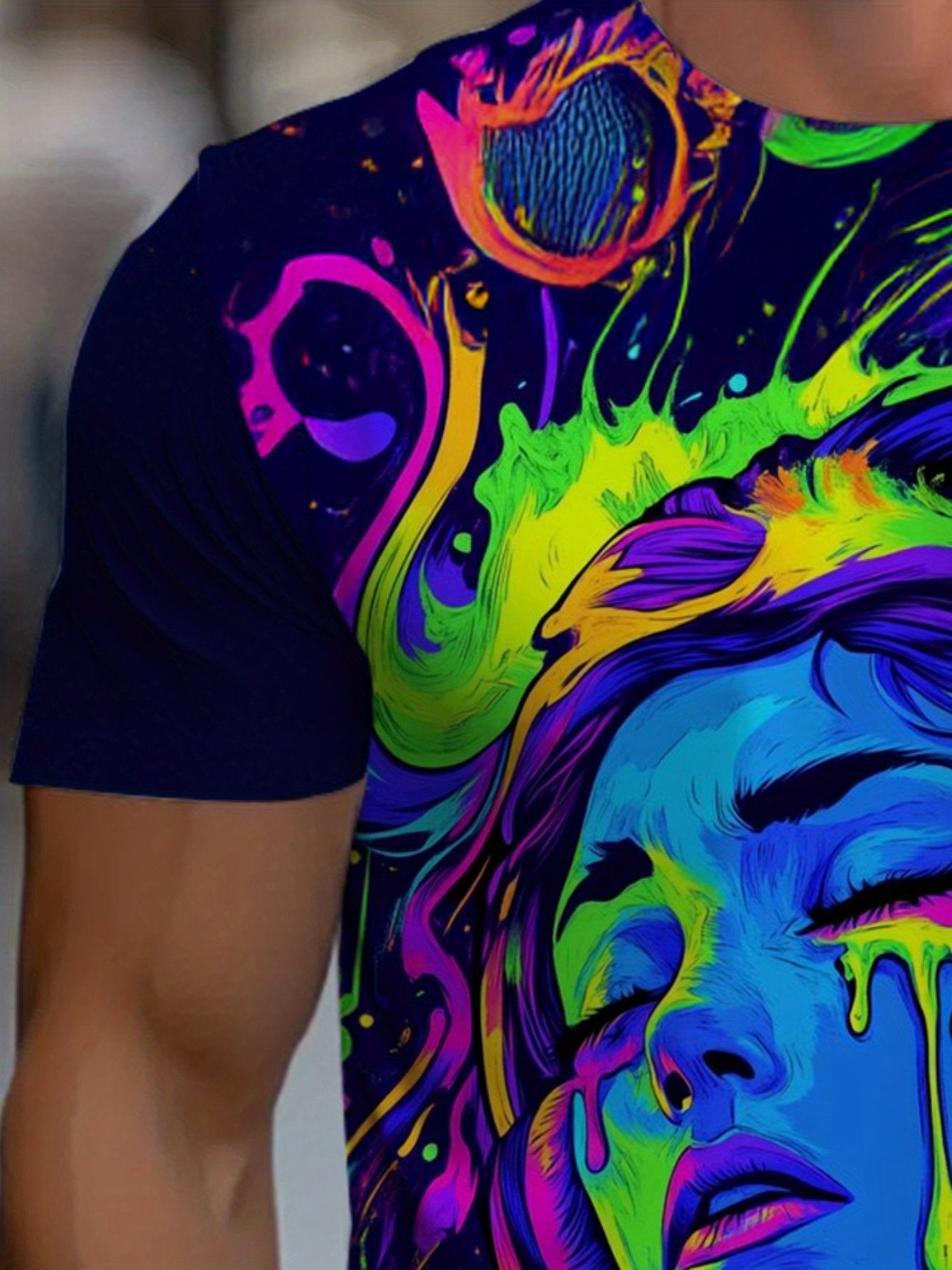 Men'S Vibrant Neon Art T-Shirt - Psychedelic Woman with Headphones Graphic, Colorful Swirl Design, Casual Crew Neck, Perfect for Festivals & Parties, Festival Clothing | Psychedelic Graphic Tee | Stretchy Fabric