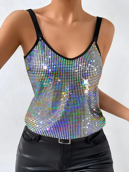 Elegant Golden Sequin V-Neck Sleeveless Tank Top for Women - Grid Pattern Shimmering All-Season Versatile Wear, Machine Washable, Tank Tops for s, Casual Chic, Stylish Blouse, Reflective Material, Trendy Blouse, Party Wear, E