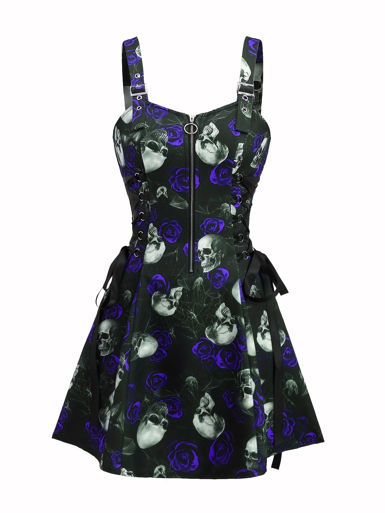 Women'S Gothic Rose Print Midi Dress with Back Zipper and Corset Detail - Casual Sleeveless A-Line Skirt, Black with White Floral Pattern, Elegant Halloween Attire