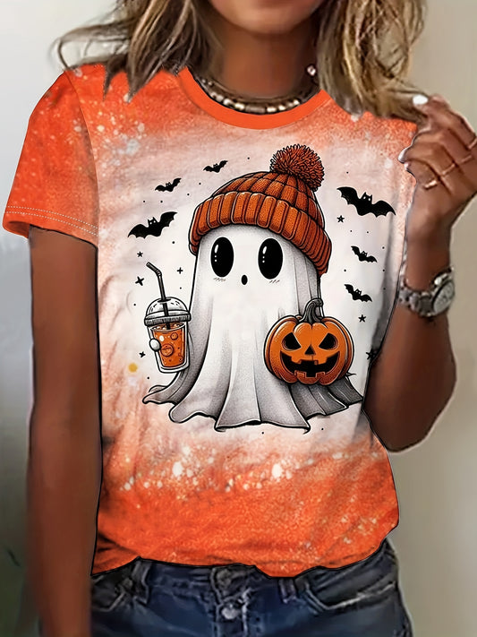 Women'S Halloween T-Shirt - Cute Ghost with Pumpkin & Bat Design, Casual Loose Fit Short Sleeve Round Neck Top, Machine Washable for Spring Summer Daily Wear & Halloween Parties, Halloween Clothes, Festive Party Attire, Playf