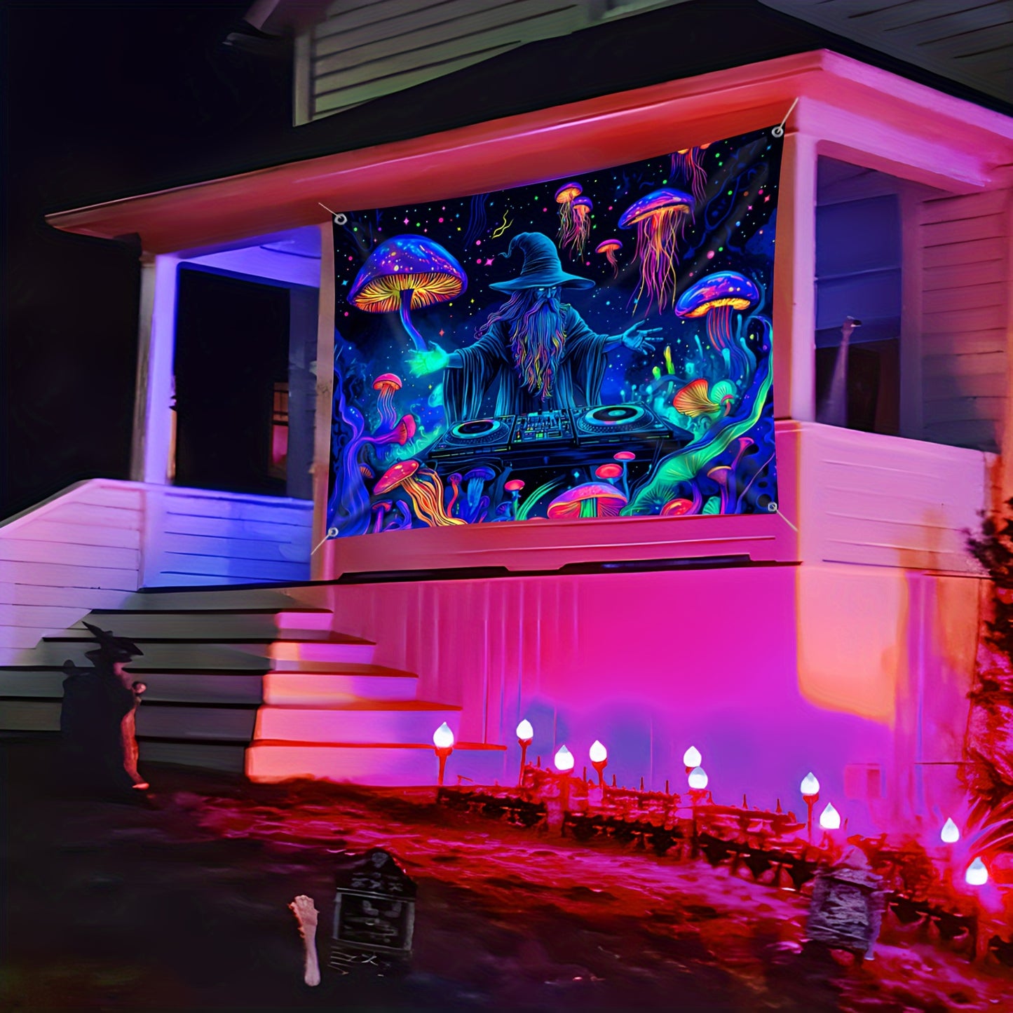 Wizard DJ Jellyfish Mushroom Fluorescent Tapestry - Halloween Outdoor Large Wall Hanging Decor for Yard Party, Hole-Punched Easy Hang, Festive Gift, Polyester, No Electricity Needed