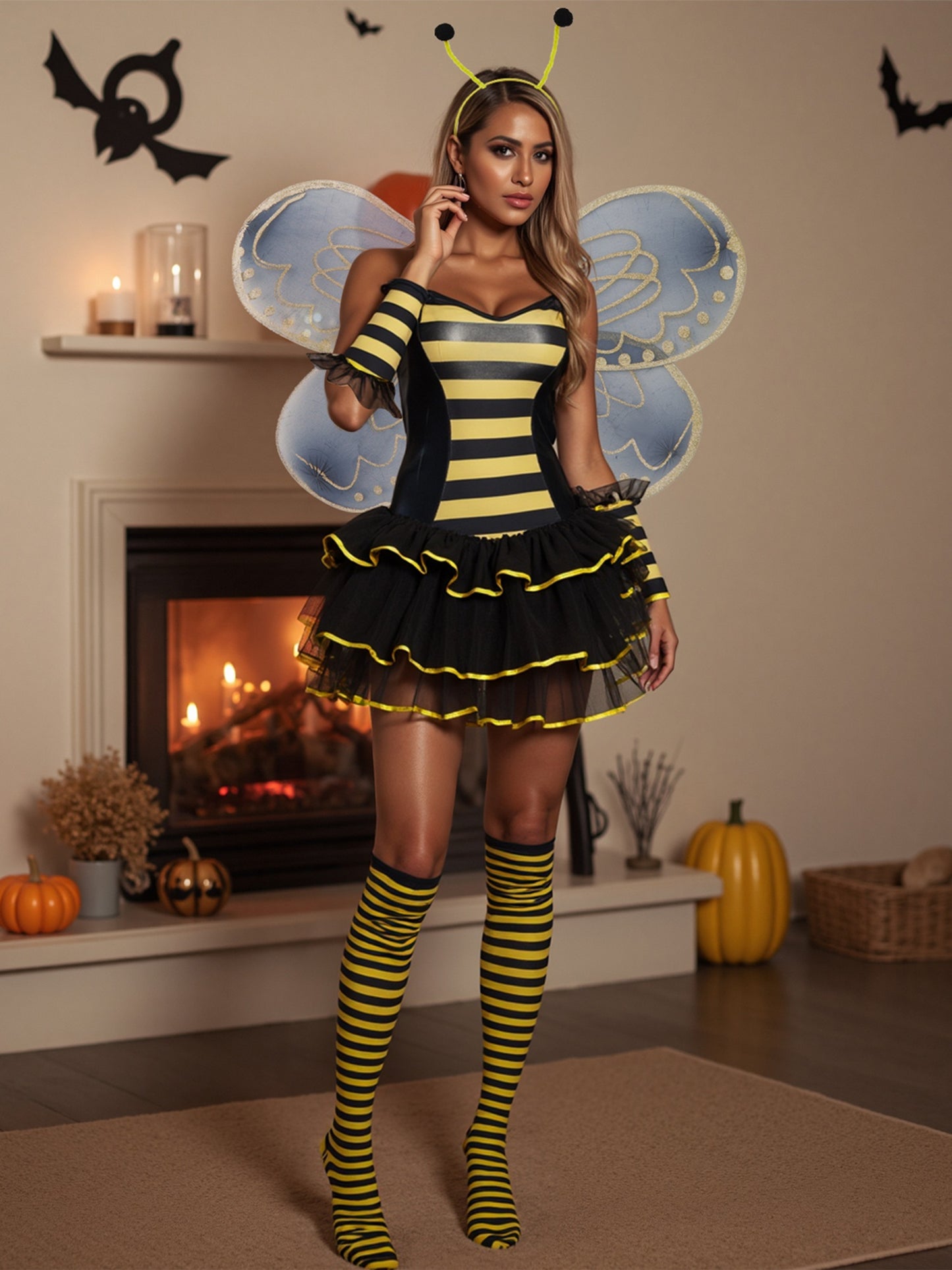 Women'S Halloween Bee Costume Set - Sleeveless Cami Bodysuit with Cute Headband & Mesh Wings, Black & Yellow Striped Design, Perfect for Parties & Themed Events, Halloween Costume|Playful Design|Festive Outfit