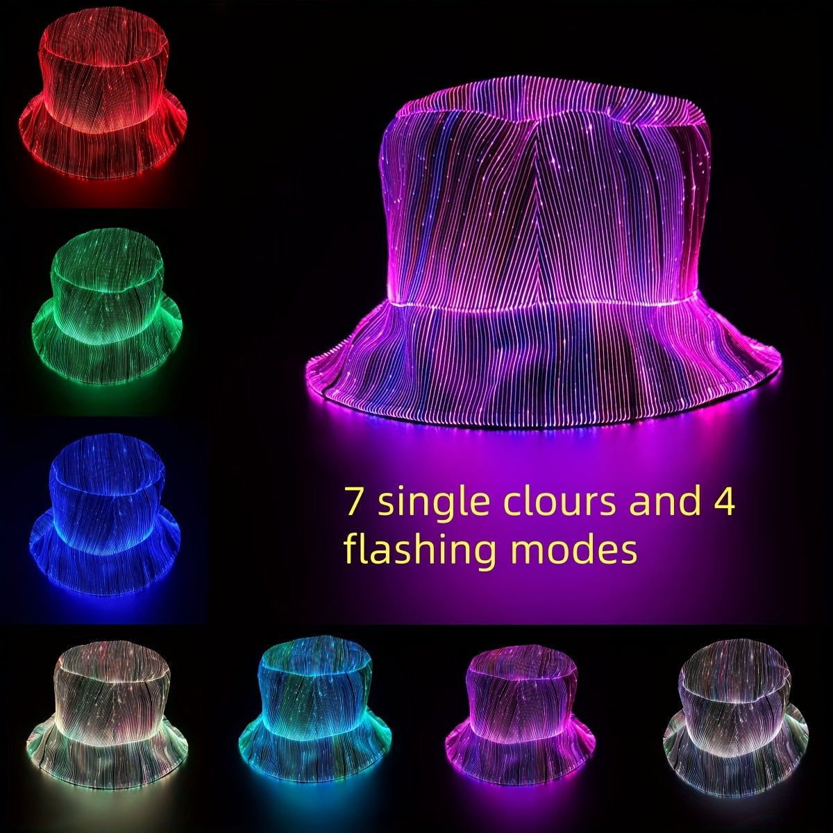 7 Colors, 4 Flashing Modes LED Fisherman Cap - Vibrant Neon Party Hat with USB Rechargeable Battery, Polypropylene Fiber, Perfect for Birthdays, Bar-Bat-Mitzvah, and Tailgating, Festive Headgear | Neon Party Hat | Polypropyle