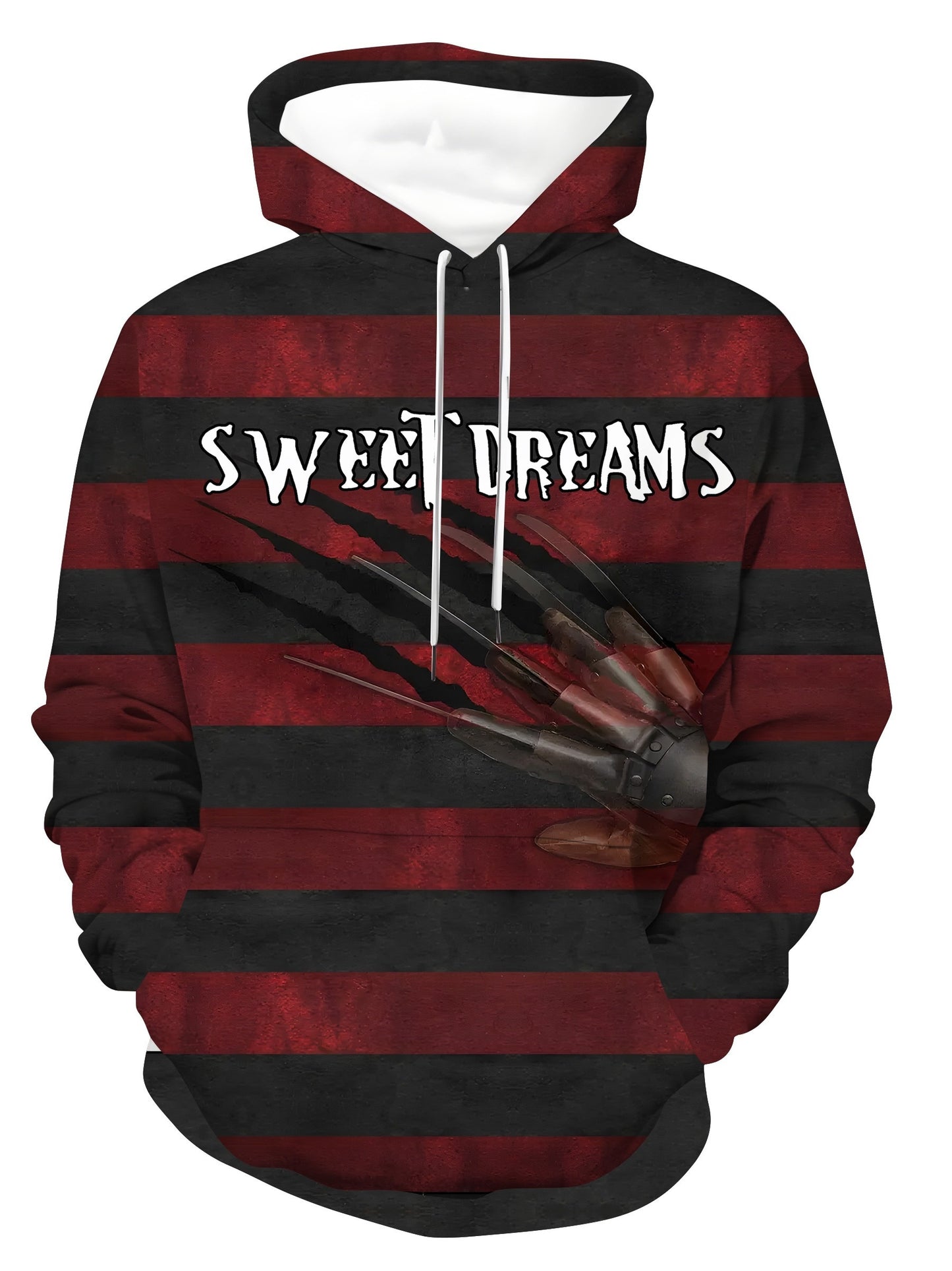 Men'S Plus Size Horror-Themed Hoodie with Freddy Krueger Print - Black & Red Striped Pullover with Kangaroo Pocket, Casual Streetwear for Halloween, Halloween Costume, Halloween Apparel, Halloween Decorations