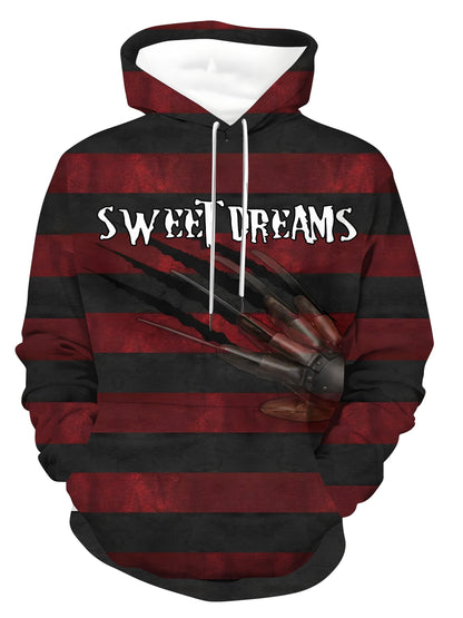 Men'S Plus Size Horror-Themed Hoodie with Freddy Krueger Print - Black & Red Striped Pullover with Kangaroo Pocket, Casual Streetwear for Halloween, Halloween Costume, Halloween Apparel, Halloween Decorations