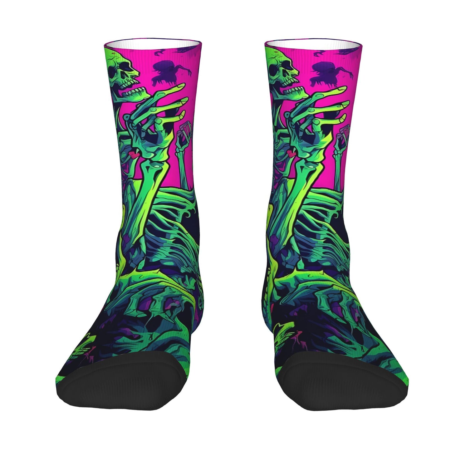 1 Pair Men's Neon Skeleton Knee-High Socks - Vibrant, Colorful Dancing Skeletons Pattern, Novelty Crew Socks, Polyester & Elastane Blend, Hand Wash Recommended, Novelty Socks | Skeleton Print Socks | Stretchy Fabric Socks