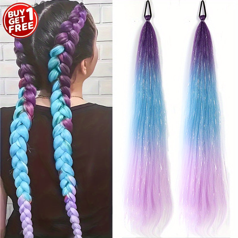 2-Pack 26-Inch Jumbo Braided Ponytail Hair Extensions - Soft Synthetic Straight Hair with Tinsel, Elastic Band, and Natural-Looking Roots for All Occasions, Easy to Wear and Style