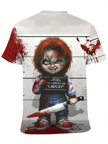 Men'S Halloween Graphic T-Shirt - 3D Print Chucky Design with Blood Splatter, Black Shorts, and Knives, Casual Crew Neck Tee for Casual Attire, Halloween Shirts
