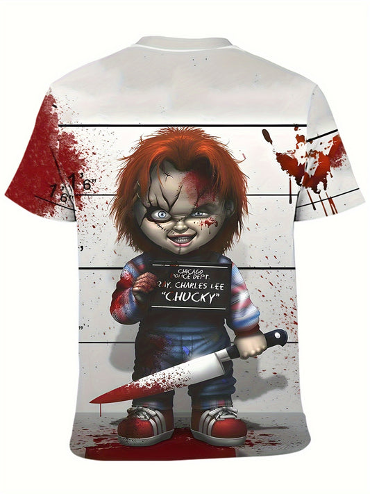 Men'S Halloween Graphic T-Shirt - 3D Print Chucky Design with Blood Splatter, Black Shorts, and Knives, Casual Crew Neck Tee for Casual Attire, Halloween Shirts