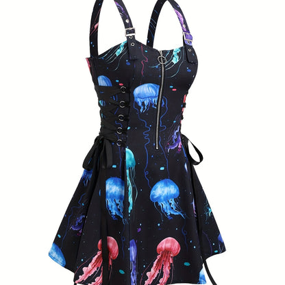 1pc Women'S Casual Jellyfish Print Spaghetti Strap Dress, Polyester Woven Fabric, with Zipper Detail, for All-Season Shoulder Strap Sundress