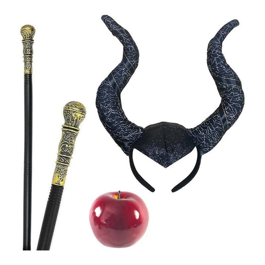 Evil Witch 3pcs Costume Set | Includes Black Queen Horns, Apple & Staff | Perfect for Halloween, Fancy Dress Parties & World Book Day Outfits