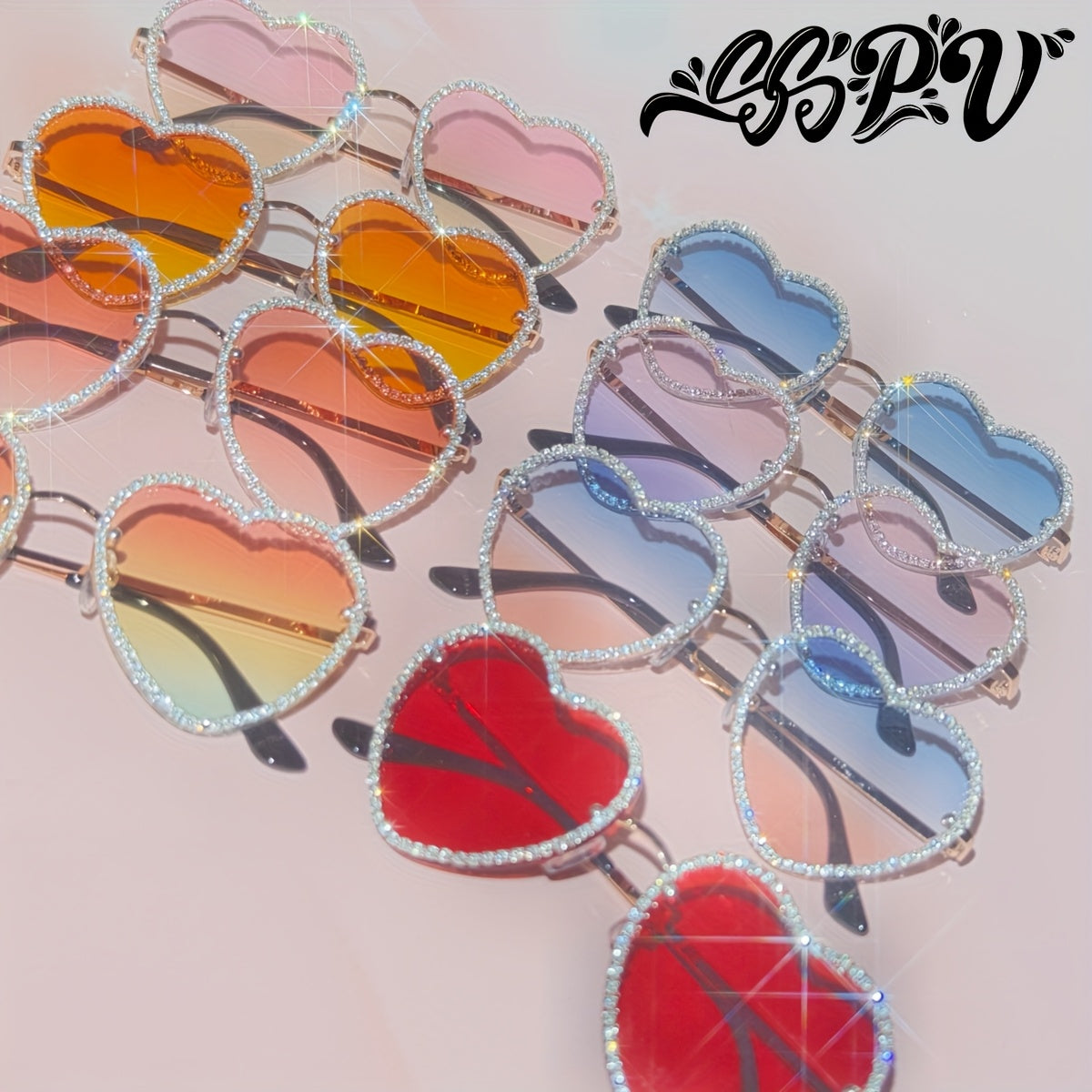 SSPV Rhinestone Heart Fashion Glasses - Sparkling Love-Shaped Shades in Multiple Colors, Glittery Gradient Lenses with Black Frames, Perfect for Festivals, Parties & Fashion Accessories, Party Eyewear, Rhinestone Embellishmen