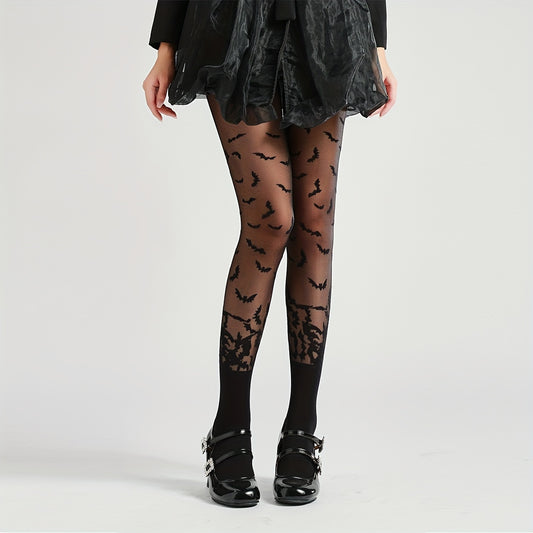 Dark Bat Print Tights, Halloween Costumes Vintage Slim Fit Pantyhose, Women's Stockings & Hosiery
