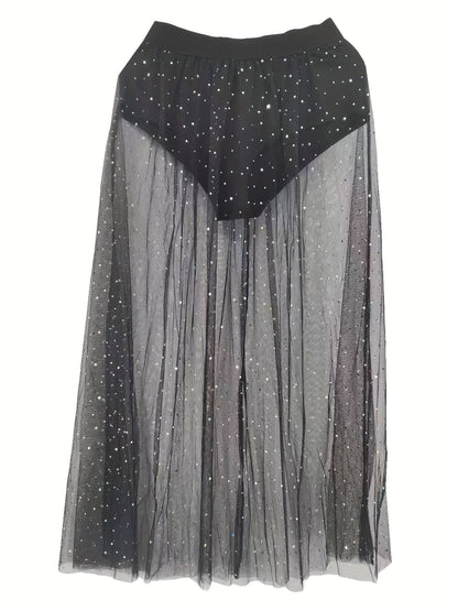 Sexy Sheer Mesh Polka Dot A-Line Skirt with Side Slit & Tassel Details - Youthful Nightclub & Party Skirt for Women, Spring Summer Fall Fashion, Clubbing Attire | Highwaisted Design | Formfitting Silhouette