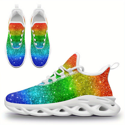 Men's Rainbow Glitter Gradient Sneakers - Lightweight Breathable Mesh Streetwear Shoes with Cushioned EVA Sole, Lace-Up Trainers for Running, Parties, Everyday - Plus Size Available (Green/Blue/Purple/Red/Pink/Teal/Orange/Pur