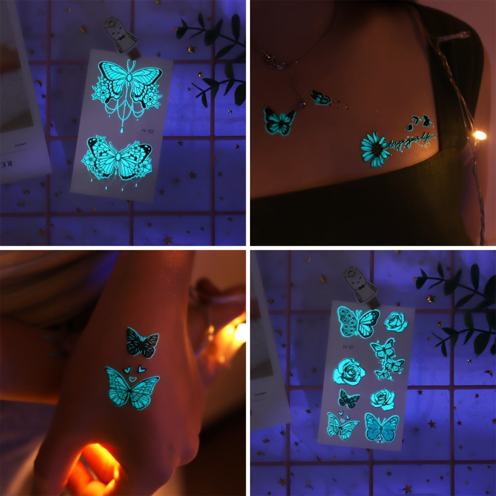 12 Sheets Luminous Glow in the Dark Temporary Tattoos - Waterproof Fake Tattoo Stickers with Butterfly & Floral Designs, Neon Blue Glow for Nightclub, Festival, Party Decoration, Festival Body Art | Mystical Design Elements |