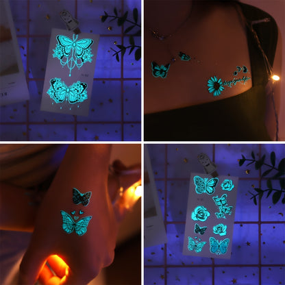 12 Sheets Luminous Glow in the Dark Temporary Tattoos - Waterproof Fake Tattoo Stickers with Butterfly & Floral Designs, Neon Blue Glow for Nightclub, Festival, Party Decoration, Festival Body Art | Mystical Design Elements |