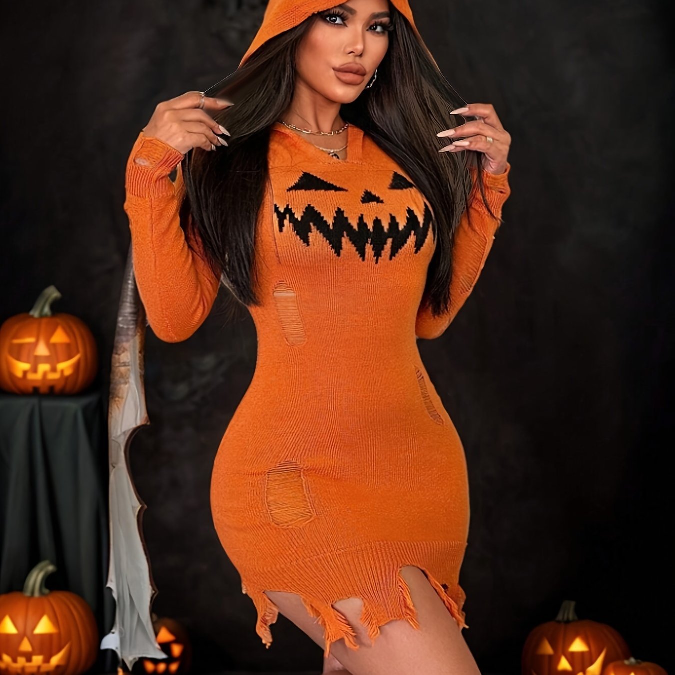Women's Solid Color Hooded Halloween Dress - Distressed Pumpkin Face Design, Bodycon X-Silhouette, Machine Washable, Vibrant Orange for Halloween Parties & Casual Wear, Halloween Costumes, Festive Attire, Festive Design, Easy