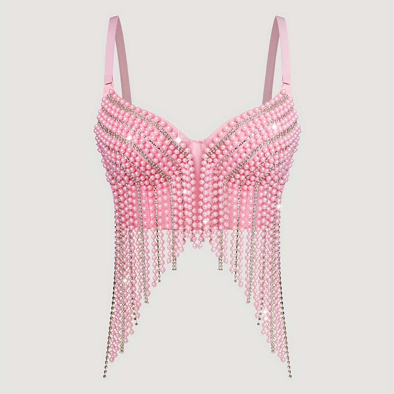 Sexy Fishbone Corset Top with Pearl Embellishments & Tassel Details - Vibrant Pink Stretchy Spaghetti Strap Bustier for Nightclub, Concert, Festival - Versatile All-Season Women's Fashion, Concert Attire, Elegant Style, Styli