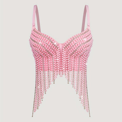 Sexy Fishbone Corset Top with Pearl Embellishments & Tassel Details - Vibrant Pink Stretchy Spaghetti Strap Bustier for Nightclub, Concert, Festival - Versatile All-Season Women's Fashion, Concert Attire, Elegant Style, Styli