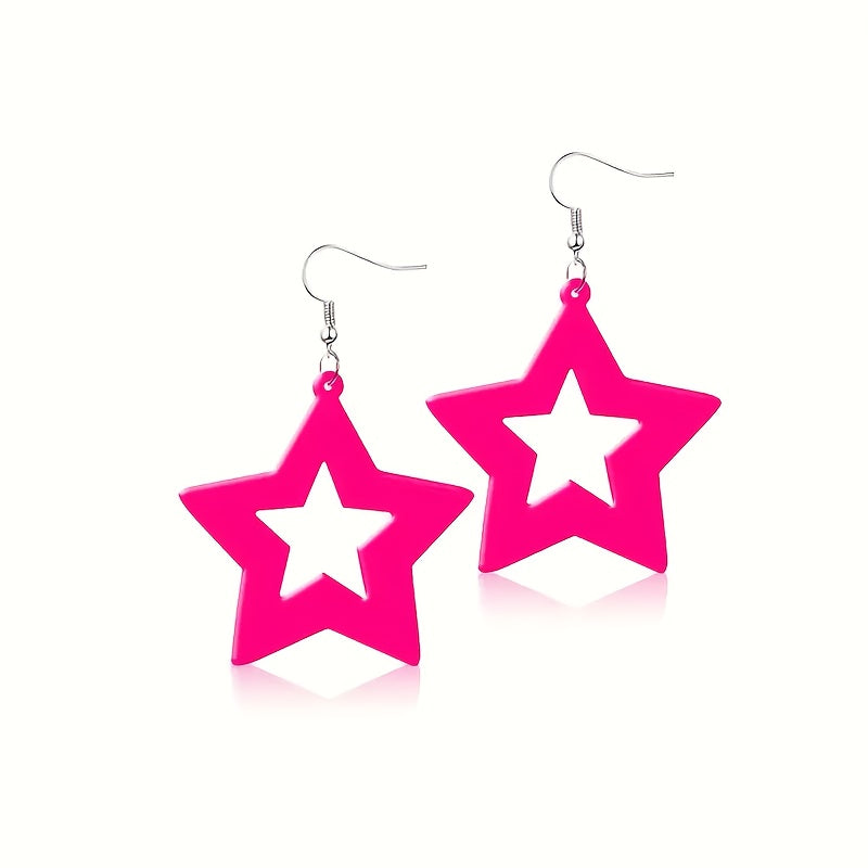 1/4 pair of neon star earrings made of acrylic material, with bright pink, orange, yellow, and green colors as perfect party gifts to express your sincere emotions. Party earrings with bright colors, hanging earrings design,