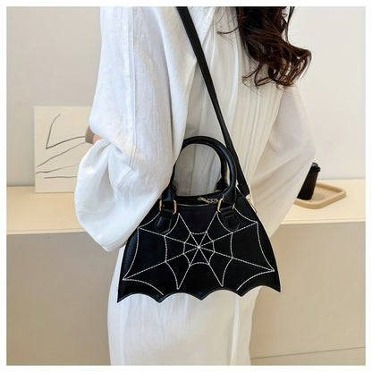 Halloween Women'S Bat Wing Spider Web Handbag - Lightweight Synthetic Faux Leather Tote with Geometric Spider Web Design, Zipper Closure & Detachable Strap, Gothic Style for Daily Use or Party Outfits, Durable Polyester Linin