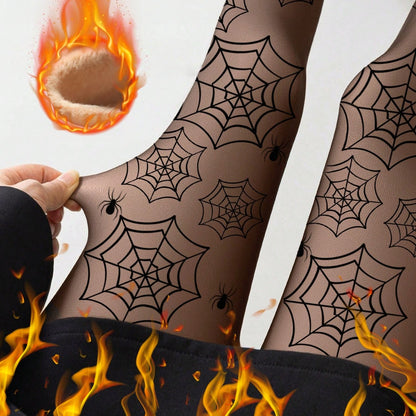 [Sexy Spider Web Leggings] 1pc Women's Sexy Spider Web Thermal Leggings | Thickened, Geometric Pattern, Skinny Tights for Casual Wear, Black with White Spider Web Design, Perfect for Fall/Winter