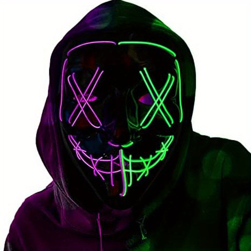 [LED Halloween Mask] 1pc LED Halloween Mask - Motion Sensor, Neon Glow, Sound-Activated Lighting, PVC Horror Face Mask for Adults/Teens, Compatible with Halloween, Haunted Houses, Clubs, Festive Celebration, Glowing Effect, H