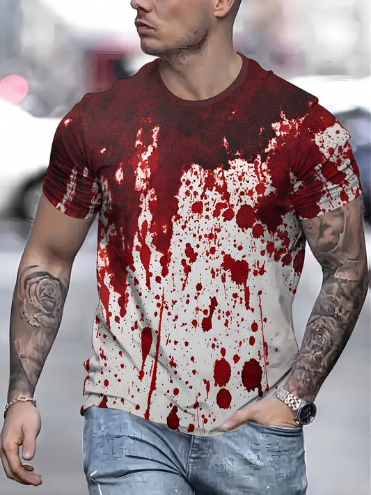 [Horror Blood Splatter Tee] Spooky Halloween Men's Horror Blood Splatter T-Shirt | Red Graphic Tee for Costumes, Parties - Non-See-Through Casual Shirt - Machine Washable for Everyday & Themed Outfits, Comfortable Fit