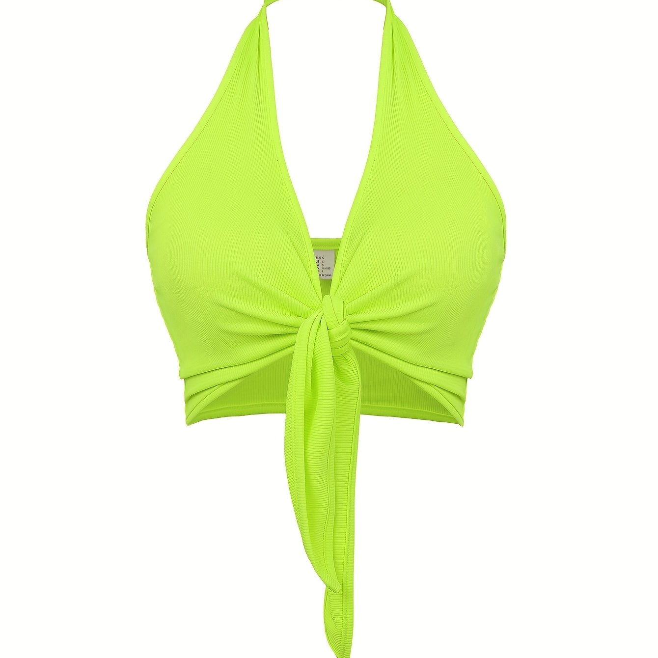 Women'S Neon Yellow Halter Top with Front Tie & Backless Design - Stylish Summer Crop Tank for Casual or Beach Wear, Beachwear Essential | Backless Top | Glossy Fabric