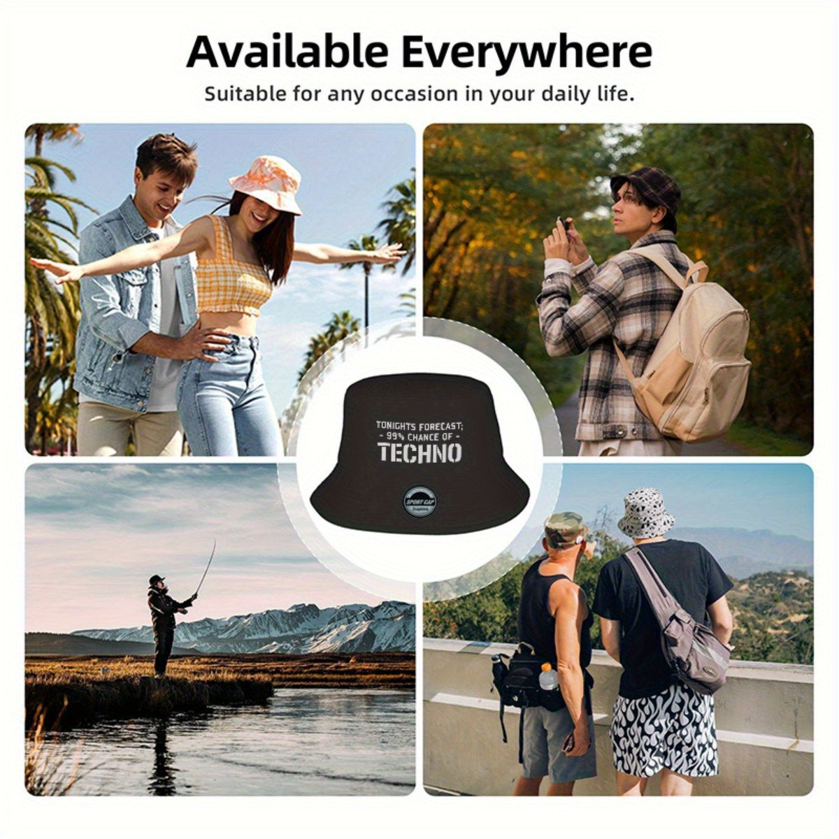 Men's Techno Music Bucket Hat - Tonight's Forecast Chance of Techno Print, Lightweight Breathable Sun Hat for raves, clubs, beach - Machine Washable Polyester Cap (Black/5 Colors Available) - Dad Hat Trucker Hat for Techno En