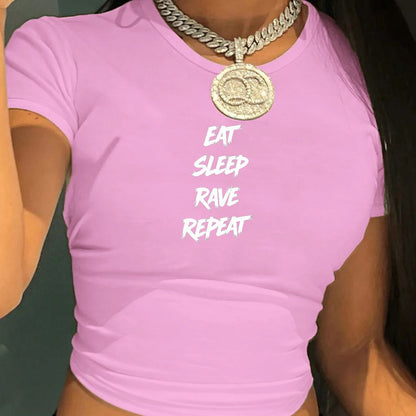 [Y2K Graphic Tee] Pink Polyester Y2K Style Graphic Crop Top T-Shirt - Women's "Eat Sleep Rave Repeat" Crew Neck Tee | Y2K Fashion | Casual Attire, Rave Party Apparel