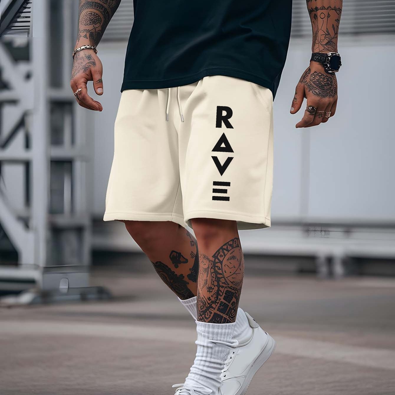 R V New Men's Summer Casual Shorts with RAVE Letter Print - Light Grey Regular Fit Outdoor Sports & Beach Vacation Shorts, American Fashion Trendy Lightweight Comfortable Design, Beach Vacation Apparel | Fashionable Casualwea