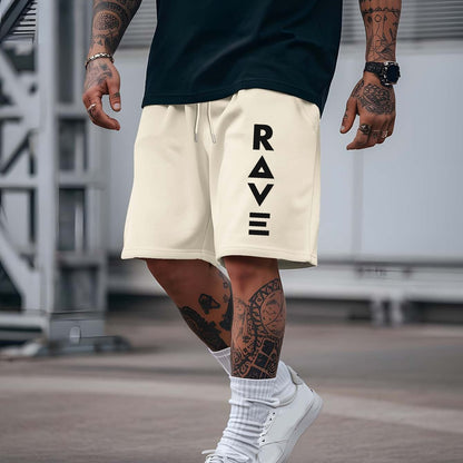 R V New Men's Summer Casual Shorts with RAVE Letter Print - Light Grey Regular Fit Outdoor Sports & Beach Vacation Shorts, American Fashion Trendy Lightweight Comfortable Design, Beach Vacation Apparel | Fashionable Casualwea