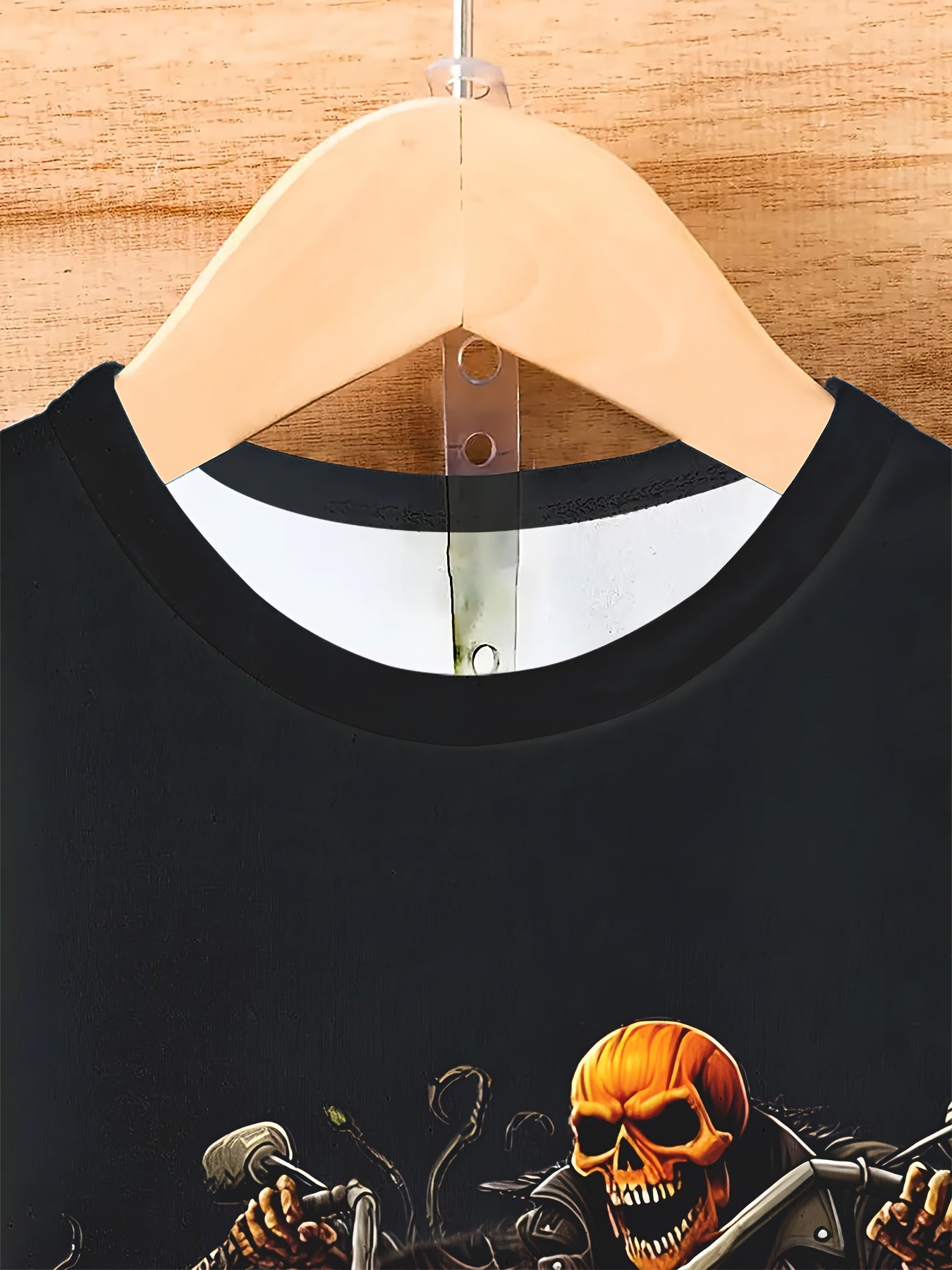 [Halloween Graphic Tee] Halloween Graphic Tee - Men's 3D Pumpkin Motorcycle Print T-Shirt | 100% Polyester Knit Fabric, Casual Crew Neck, Slight Stretch, Regular Fit, 110gsm