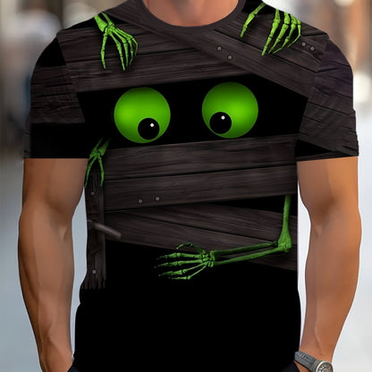 Men'S Mummy 3D Print T-Shirt - Casual Crew Neck, Short Sleeve, Skeleton Design, Black with White Stripes, Halloween Street Fashion, Cool Tshirt | Unique Mummy Design | Bold Graphic Te