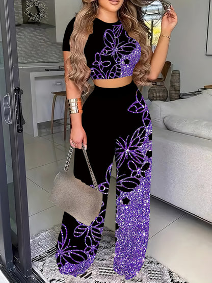 Elegant 3D Floral Print Crop Top & Glittery Purple Pants Set - Sexy, Stretchy Polyester, All-Season Wear, Perfect for Casual or Stylish Outfits, Seasonal Fashion | Floral Print Top | Glittery Legging