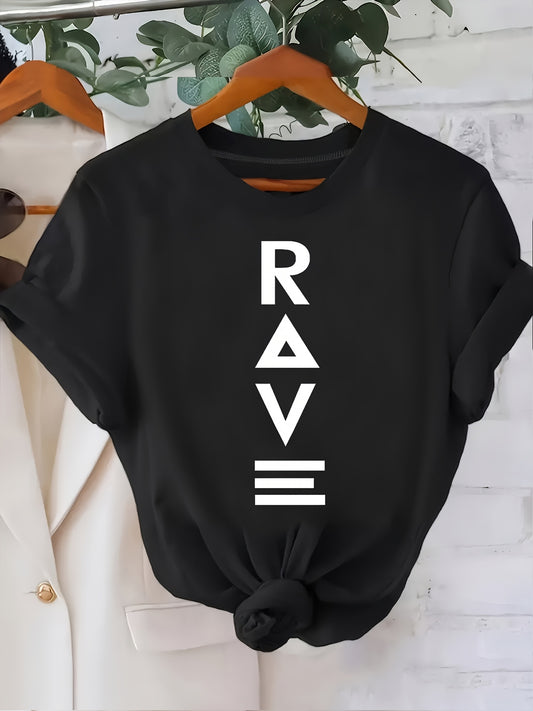 1pc Women's Crewneck T-Shirt - Black with White RAVE Typography Print, Techno Music Inspired Design, Casual Short Sleeve Tee for EDM Festivals & Summer Outings, Machine Washable, Exclusive Deal of the Day Gift Idea, T-shirt S