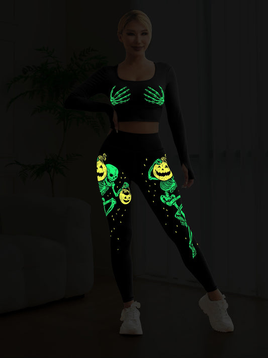 Women's High-Waist Yoga 2pcs Set, Halloween Skull Pumpkin Glow-in-the-Dark U-Neck Bra and Long Sleeve Top, High-Waist Stretchy Black Leggings with Printed Skeleton & Fluorescent Pumpkin Design, Women's Casual Sportswear Pants
