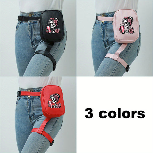 Gothic Skull Print Adjustable Waist Bag - Lightweight Foldable Nylon Sports Pack for Running Cycling Fitness, Black with Pink Roses & Straws Design, Multi-Functional Phone Storage Mini Leg Pack, Cycling Storage Bag | Edgy Fas