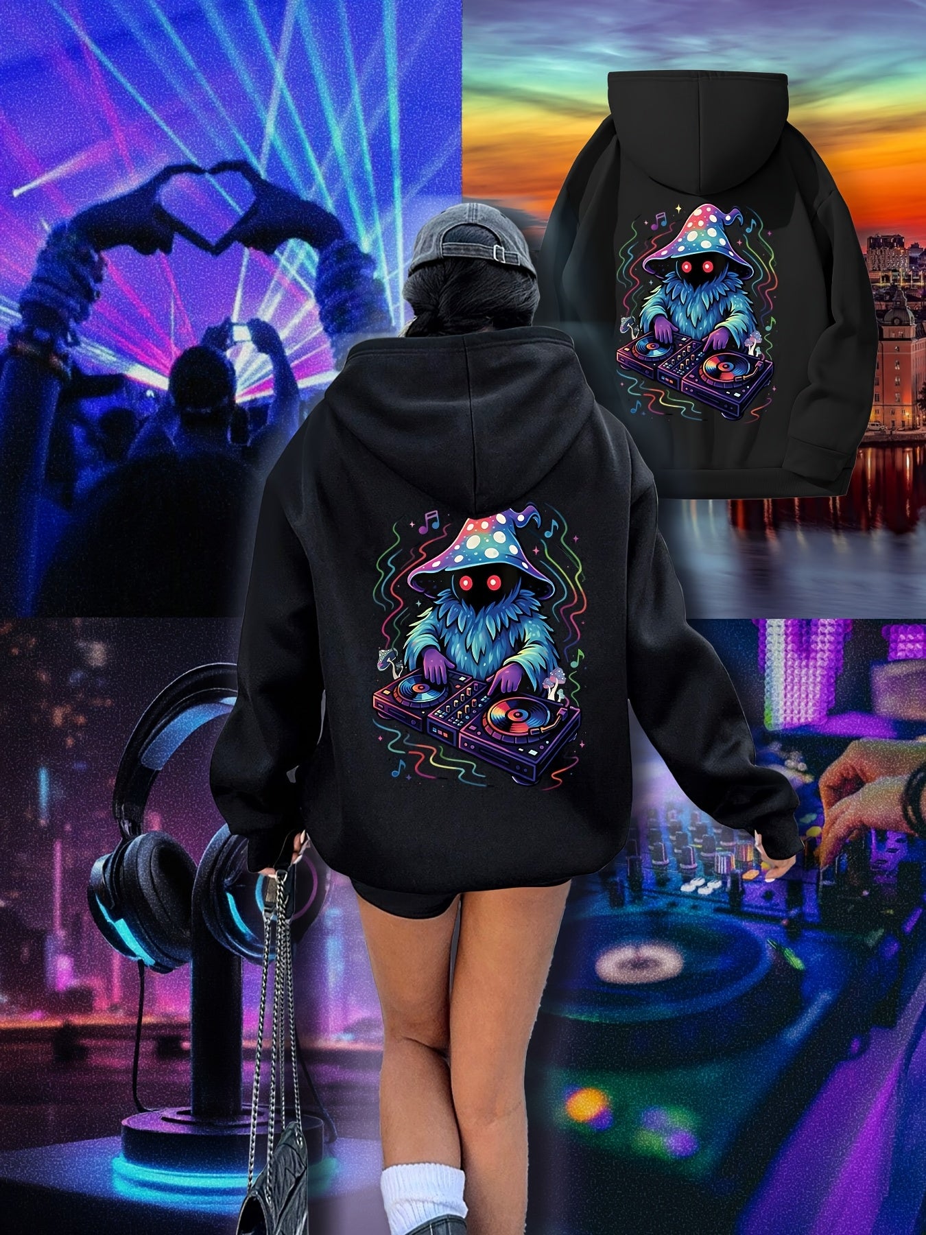 Women's Neon DJ Graphic Hoodie - Music Festival Sweatshirt with Back Print, Pullover Hooded Sweatshirt for Raves, Concerts, Winter Parties - Machine Washable Cold Weather Clothing, Comfortable Drawstring Hood, Rave Outfit, St