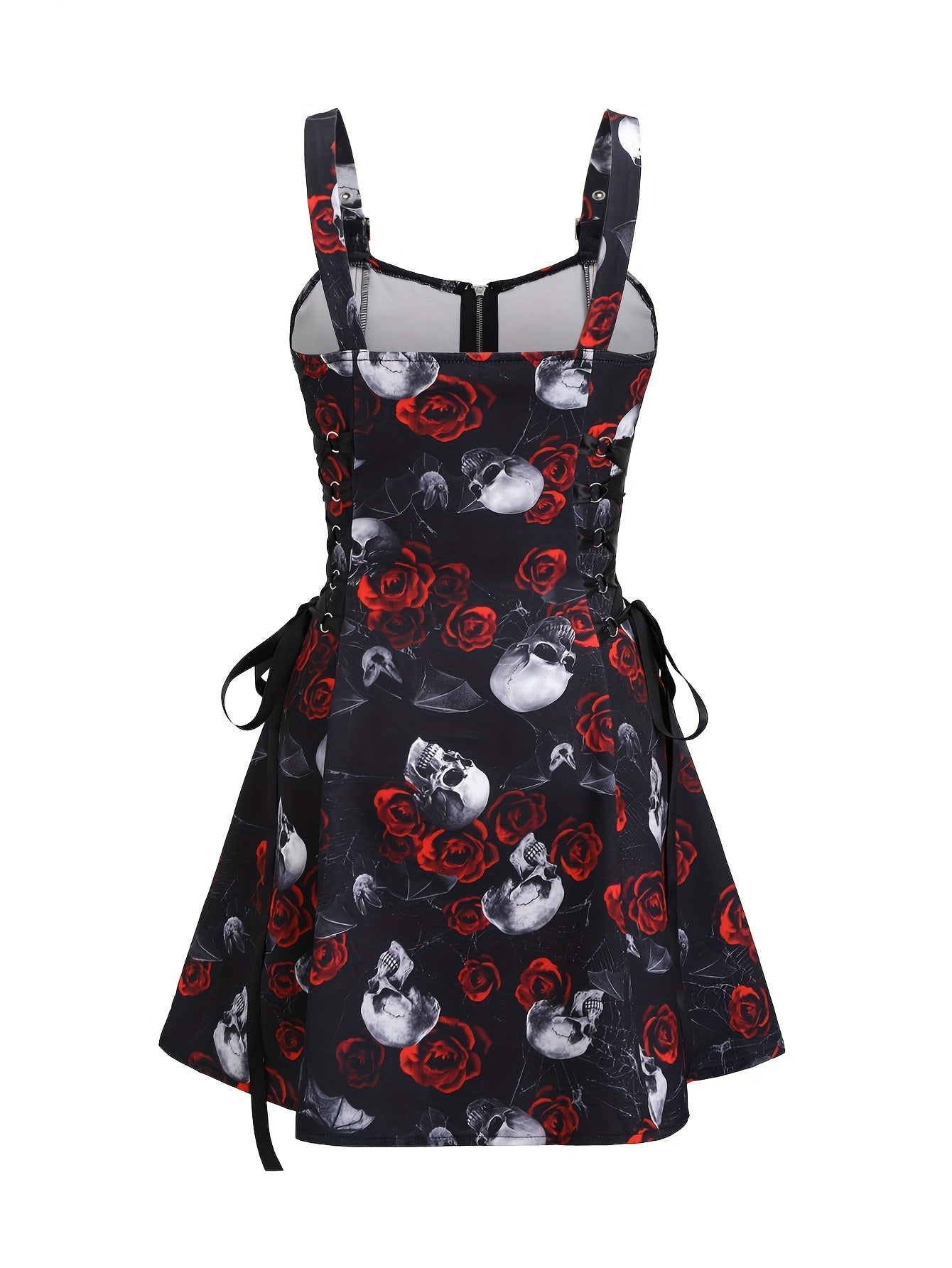 Women'S Gothic Rose Print Midi Dress with Back Zipper and Corset Detail - Casual Sleeveless A-Line Skirt, Black with White Floral Pattern, Elegant Halloween Attire
