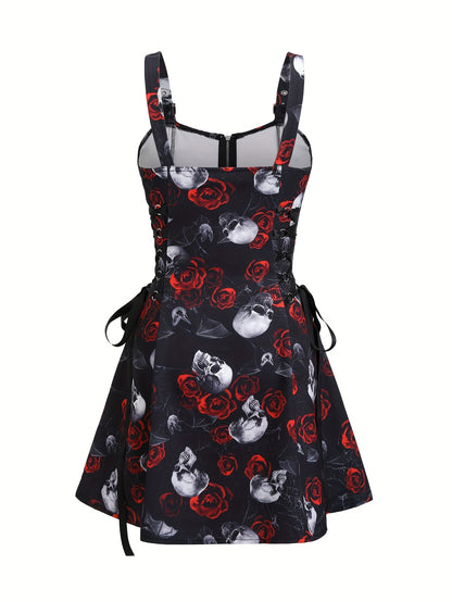 Women'S Gothic Rose Print Midi Dress with Back Zipper and Corset Detail - Casual Sleeveless A-Line Skirt, Black with White Floral Pattern, Elegant Halloween Attire