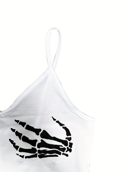 Women'S Sexy V-Neck Slingback Crop Top, Skull Hand Print, Knit Fabric, 95% Polyester 5% Spandex, All-Season, 180g/m², Polyester Knit Fabric, Sizes S-XL
