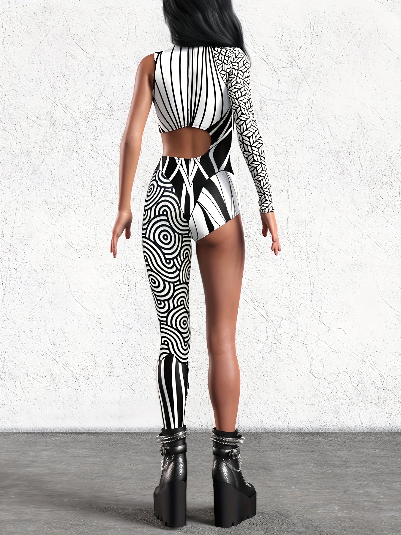 ENNMEI Women'S Sexy Party Jumpsuit - Form-Fitting Asymmetrical Design with Geometric Print, Long Sleeves & High-Low Hem, Stretchy Polyester Blend for Festive Occasions & Cosplay Events, Costume Party Wear | Formfitting Jumpsu