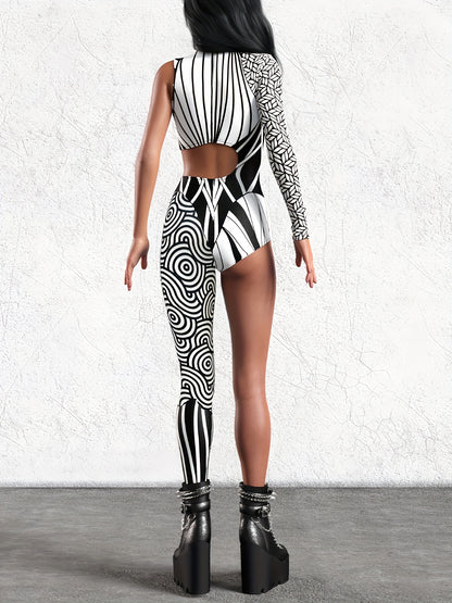 ENNMEI Women'S Sexy Party Jumpsuit - Form-Fitting Asymmetrical Design with Geometric Print, Long Sleeves & High-Low Hem, Stretchy Polyester Blend for Festive Occasions & Cosplay Events, Costume Party Wear | Formfitting Jumpsu