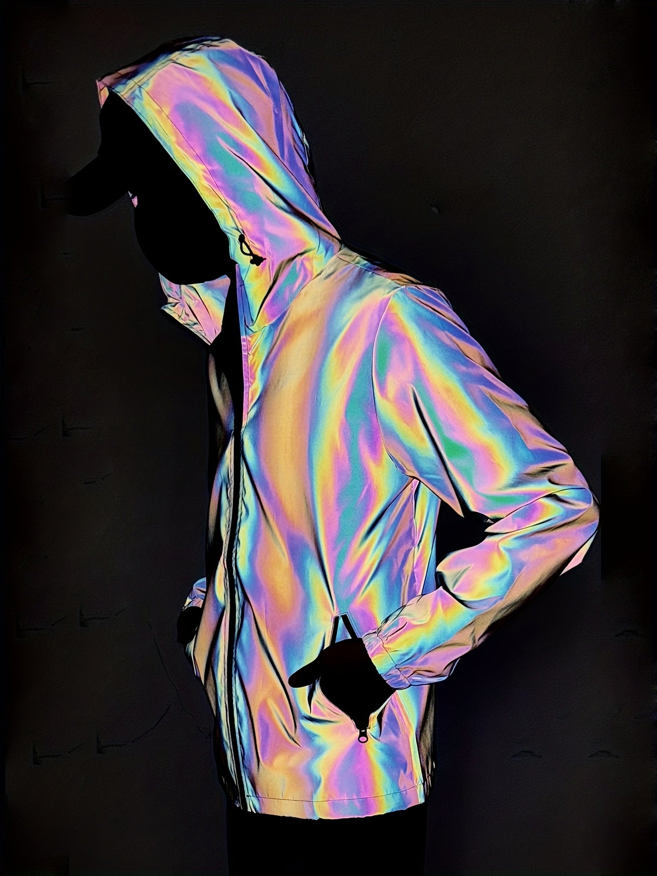 Men'S Reflective Rainbow Hooded Jacket - Stylish Casual Streetwear with Zipper Front, Long Sleeves, and Pockets for Spring & Fall, Spring Jacket | Iridescent Finish | Glossy Finish, Reflective Jacket