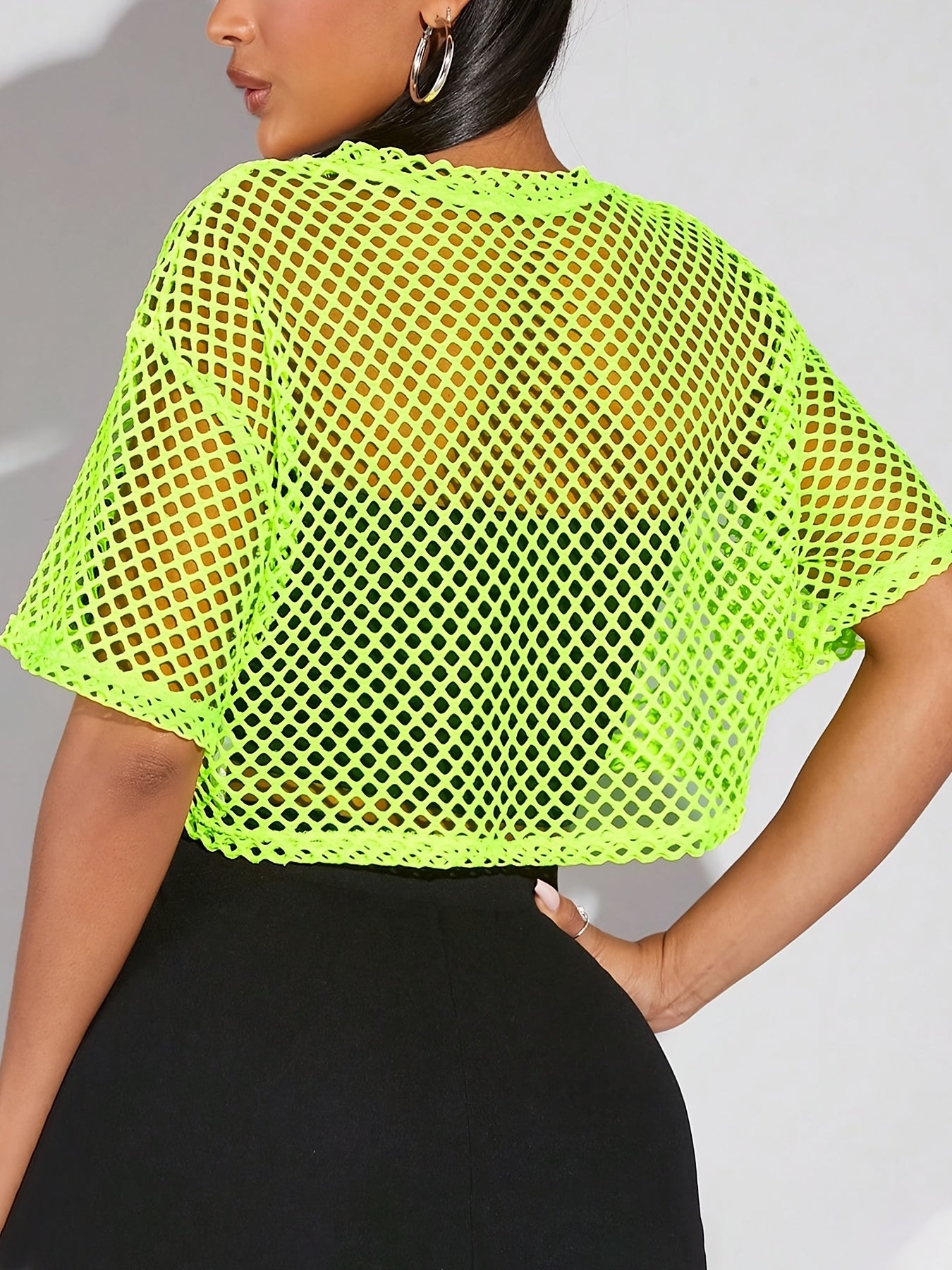 Sexy Neon Green Cropped Fishnet Bikini Top - Vintage-Inspired Short Sleeve Tee with Hollow Details, Sheer Mesh Design for Summer Casual Wear, Beachwear Apparel | Vintage Style Top | Feminine Appare